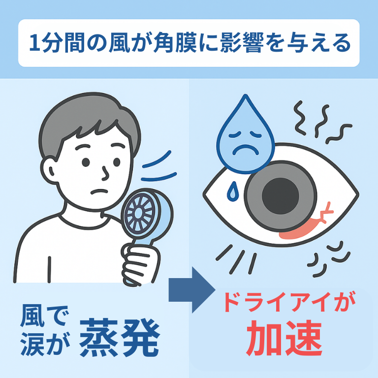 風で涙の膜が壊れてドライアイが悪化する様子を示したイラスト