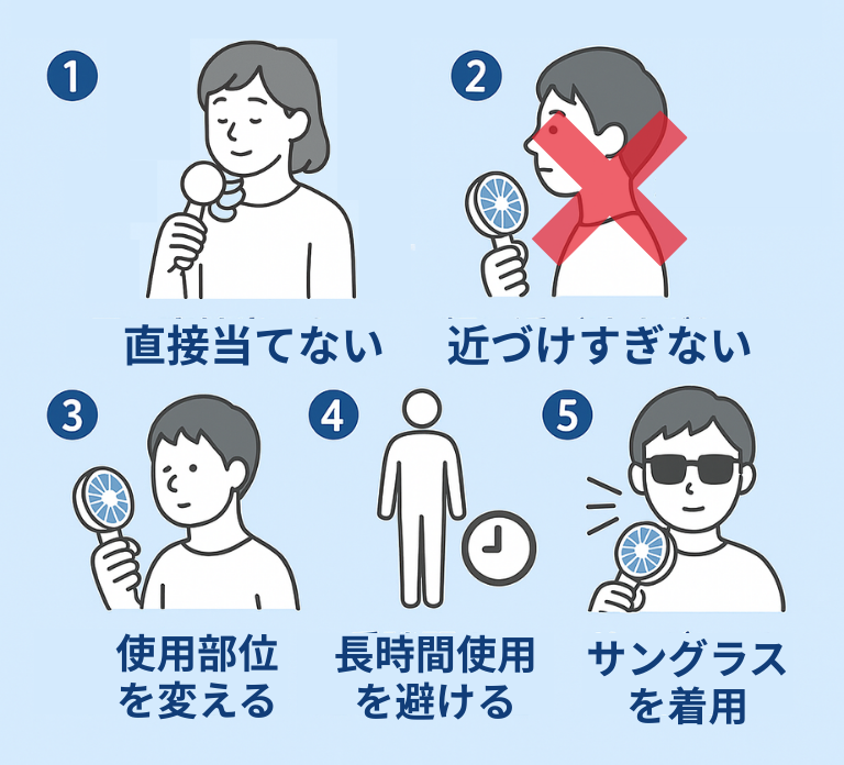目にやさしいハンディファンの使い方のポイントを示したイラスト