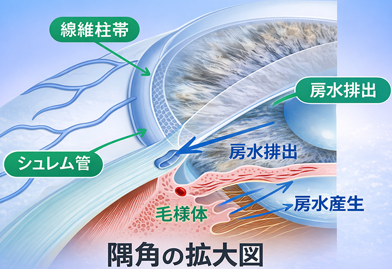 線維柱帯とシュレム管による房水排出経路の模式図