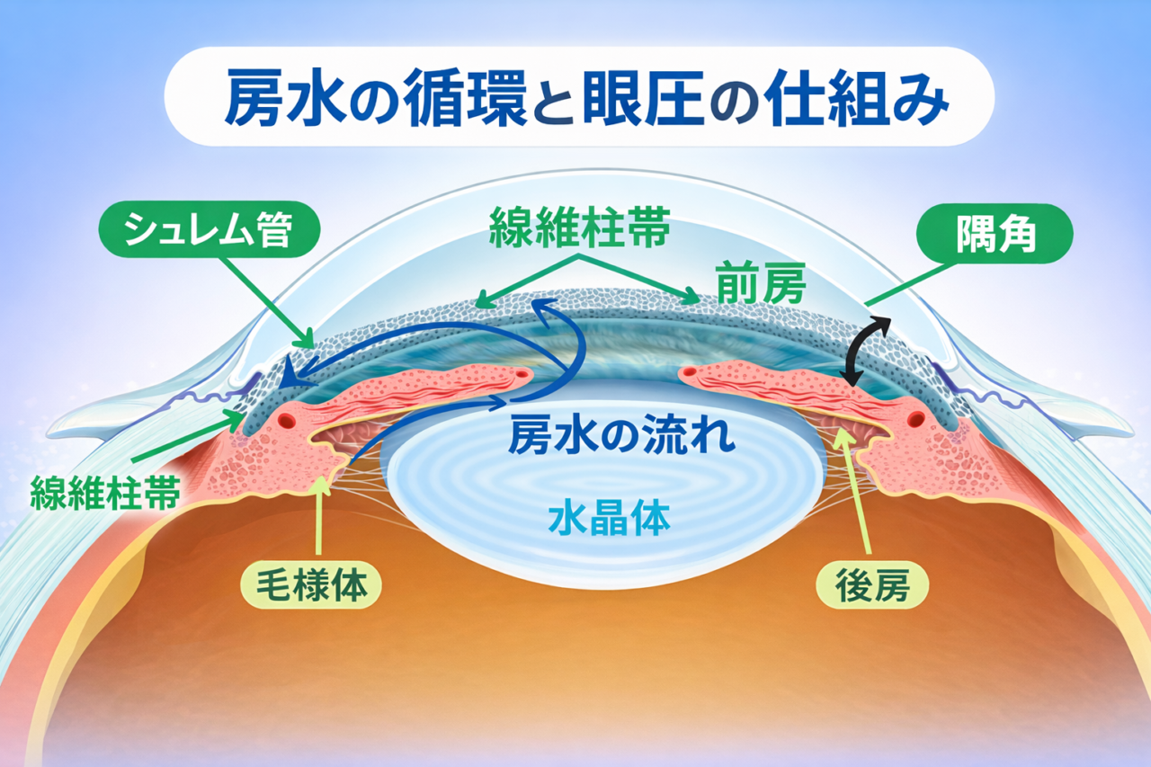 房水の流れと眼圧調節機構｜毛様体から隅角への流出経路
