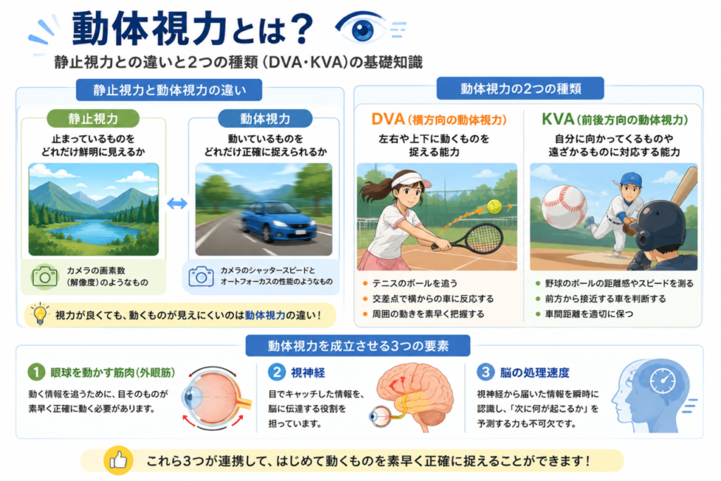 動体視力と静止視力の違い、DVA・KVAの2種類、動体視力を支える眼球の筋肉・視神経・脳の処理速度の3要素を解説するイラスト。