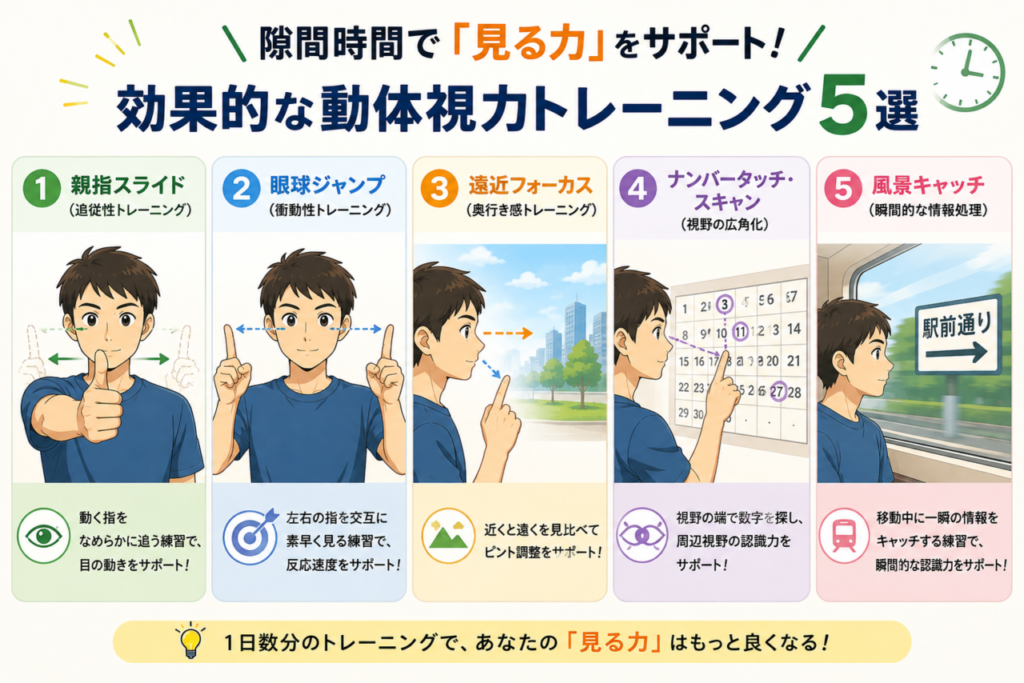 動体視力をサポートする5つのトレーニングを紹介するイラスト。親指を目で追う練習、左右の指を交互に見る眼球ジャンプ、近くと遠くを見比べる遠近フォーカス、数字を使った周辺視野トレーニング、移動中に看板などを捉える風景キャッチを描いています。