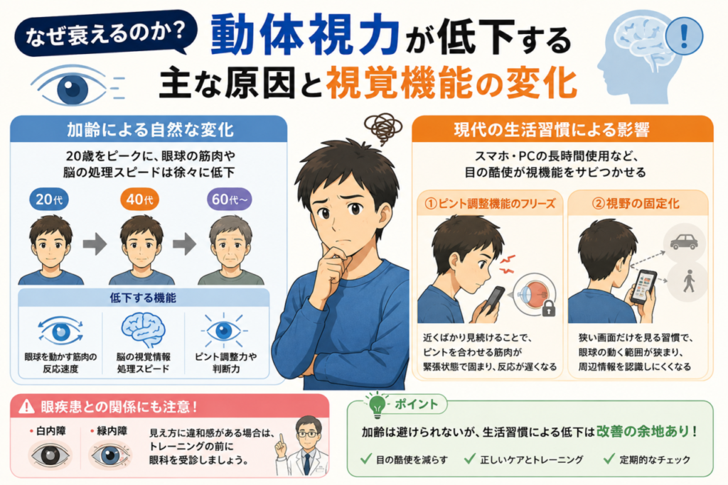 動体視力が低下する主な原因を解説するイラスト。加齢による眼球を動かす筋肉や脳の処理速度の低下、スマートフォンやパソコンの長時間使用によるピント調整機能や視野への影響、眼疾患との関係をわかりやすく紹介しています。