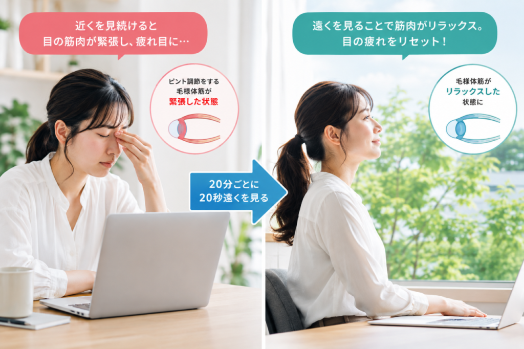 パソコン作業で疲れ目になった女性と、窓の外の遠くを見て目を休める女性を左右で比較したイメージ。20分ごとに20秒間遠くを見ることで、目の筋肉がリラックスする20-20-20ルールを表現している。