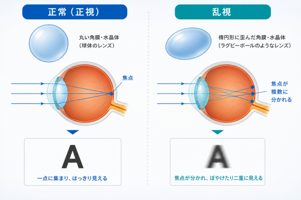 正常な角膜と乱視の角膜で光の集まり方を比較した図